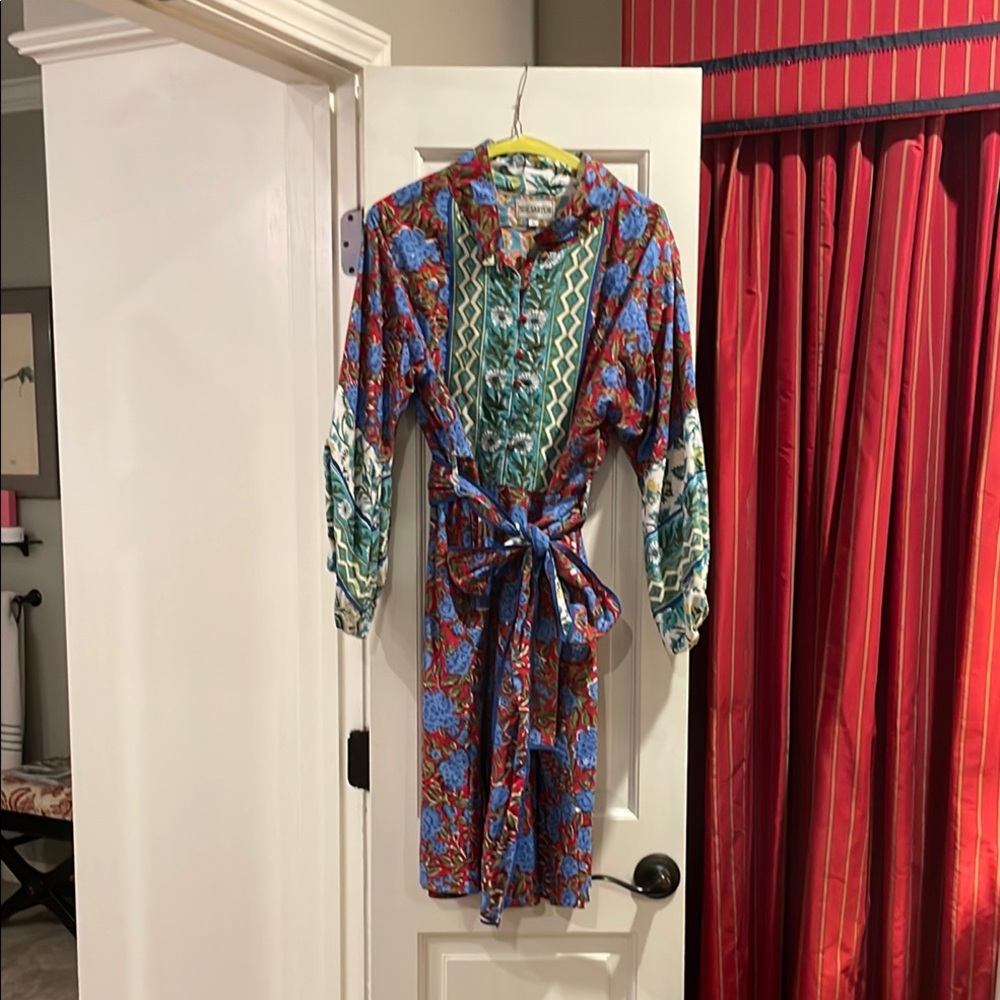 Sue Sartor Blue and Green Sheath Dress with Bishop Sleeves